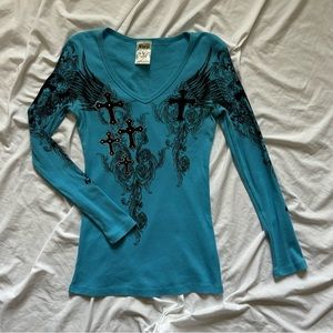 SIZE!! Vocal blue bedazzled cross long sleeve top